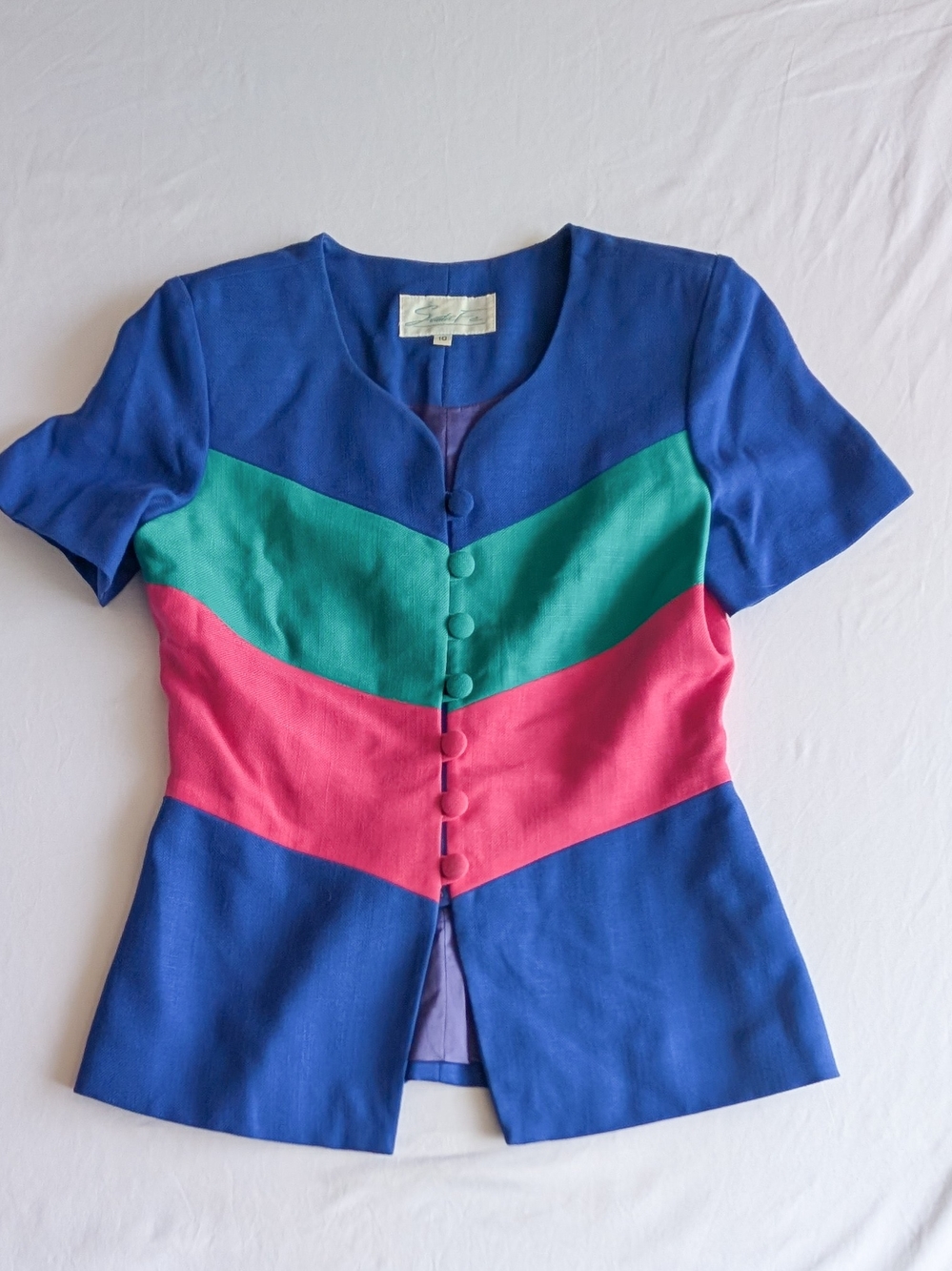 Womens Vintage 80's Santa Fe Color Block Blue Pink Button Up Blazer Jacket Sz 10